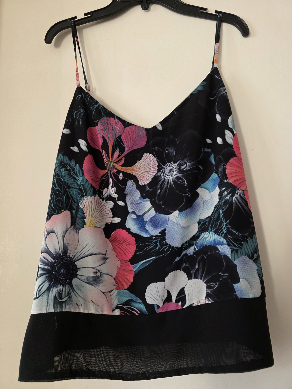 French Connection Black Satin Floral Cami with Pink & Blue Blooms
